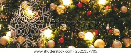 Banner Blurred Background Christmas tree decorated holiday winter xmas celebration. Present gift decorate under bauble ornament silver red ball on christmas tree in cozy living room with copy space
