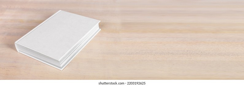 Banner With Book, Diary Or Photo Album Mockup With White Blank Cover. Angle View. Reading, Study, Education Concept. Copy Space. High Quality Photo