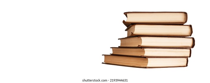 Banner With Books Stack In Brown Cover Isolated On White Background. Classic Literature, Novel Volumes. Knowledge, Wisdom, Learning Concept. Copy Space. High Quality Photo