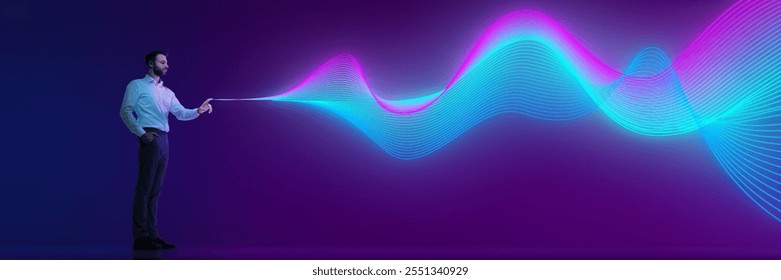 Banner. Businessman interacting with digital wave of data, representing analytics and futuristic technology. Data visualization futuristic technology. Concept of connection, modern technology. Ad - Powered by Shutterstock - Get 15% off with code: PIKWIZARD15