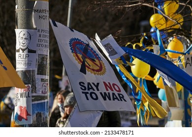 Banner calls to stop the war in Ukraine, raises a banner with the inscription Say no to war, No war, stop the war, Russian aggression. Riga, Latvia 04-03-2020