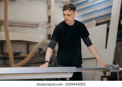 Banner carpentry workshop industry. Closeup craftsman hand marking wooden kitchen furniture. - Powered by Shutterstock