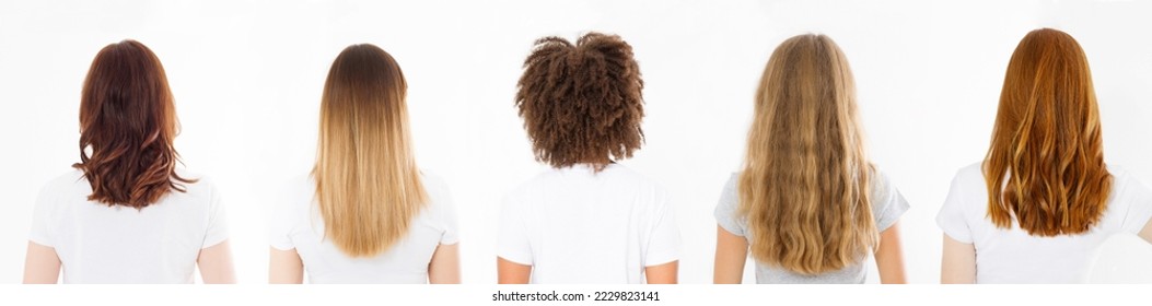 Banner Caucasian and afro woman hair type set back view isolated on white background. African curly hairstyle, ombre and wavy healthy blonde hair. Shampoo for any hair type concept. Copy space - Shutterstock ID 2229823141