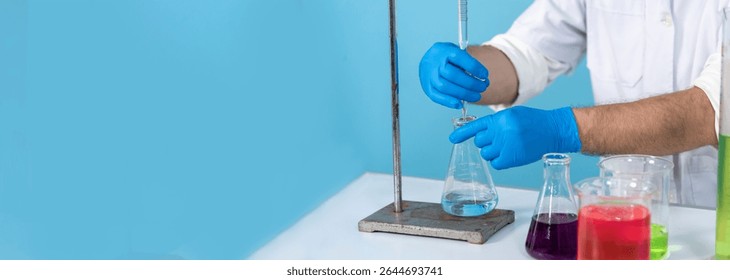 Banner Caucasian Scientist test experiment research science laboratory. Expert man microscope medical analyze. Banner Biochemistry scientist white lab coat hand holding test tube with copy space