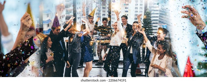 Banner of celebrate and victory to business success with colleagues, celebration party event with co-worker partner marketing team, winner successful with startup teamwork having smile happy together