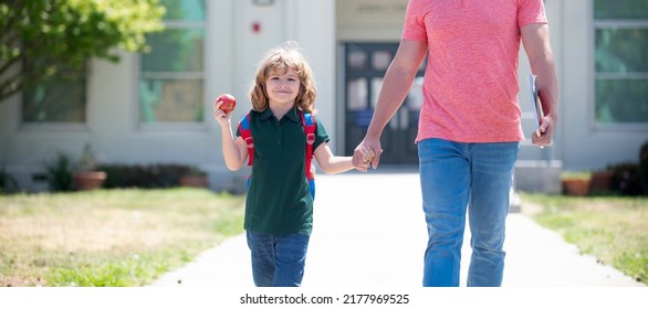 Banner Of Child Back To School, Nerd With Teacher Hold Apple. Education. First Day At School. Father And Son Come Back From School