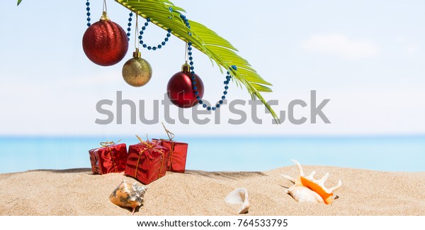 Banner Christmas Tree Decorations On Beach Stock Photo Edit Now