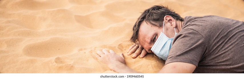 BANNER Close-up Side Portrait Man Wear Mask, Face Expression Emotion, Lies On Stomach Arms Crossed Under Head. COVID Stress Syndrome, Mental Health, Fear Of Danger Contamination, Social Consequence