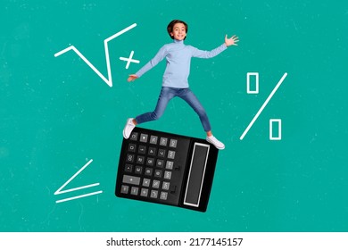 Banner Collage Advert Of Small School Child Have Fun On Big Calculator Isolated Green Black Board Background