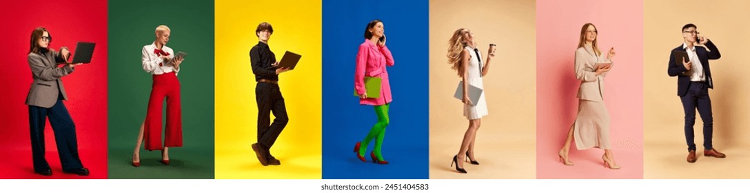 Banner. Collage. Confident young people, businessmen and business lady in office attire against multicolored studio background. Concept of business, education, human emotions, fashion and style. Ad - Powered by Shutterstock