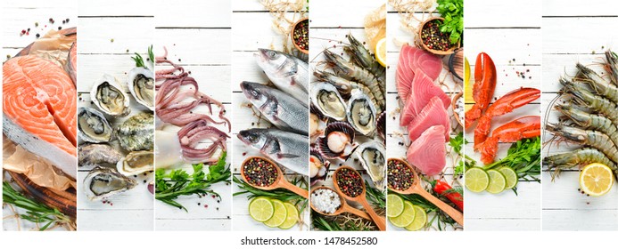 Banner collage. Fish and seafood on white wooden background.