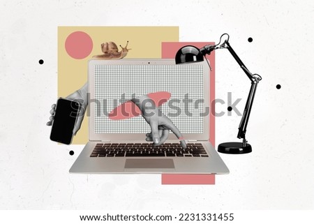 Banner collage of hand on laptop telephone black and white isolated on drawing grey color background
