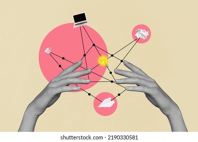 Banner collage of human hands manage daily job using netbook doing project coffee break pause isolated draw color background - Shutterstock ID 2190330581