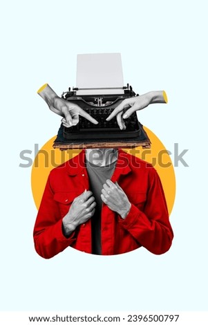 Banner collage image of funny unknown weird faceless man writing news typewriter isolated on drawing background