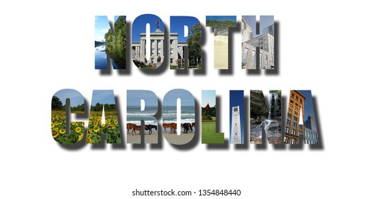 Banner Collage Of North Carolina Images, Including NC Beaches, Mountains And Cities, With Shadow On White