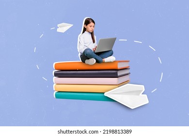 Banner Collage Photo Of Little School Girl Sit Type Laptop On Book Wear Casual Cloth Isolated On Drawing Blue Color Background