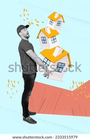 Banner collage poster of guy worker realtor carry many houses property offer concept