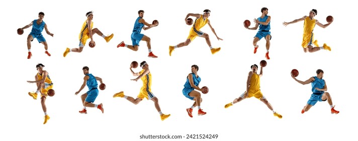 Banner. Collage. Professional sportsmen, basketball players wearing blue and yellow uniform training against white background. Concept of sport, action, motion, movement, energy, active lifestyle. Ad - Powered by Shutterstock