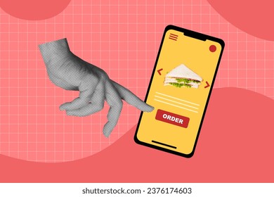 Banner collage sketch of finger touch display choose junk fast food tasty snack make online isolated on drawing background