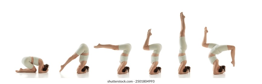 Banner. Collage. Step-by-step headstand progression in yoga. Woman practicing exercises to improve balance against white background. Concept of mindfulness and balance, mental health, concentration.