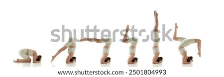 Banner. Collage. Step-by-step headstand progression in yoga. Woman practicing exercises to improve balance against white background. Concept of mindfulness and balance, mental health, concentration.