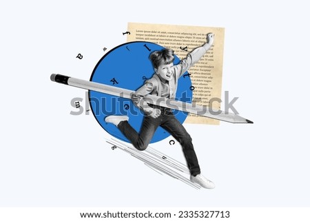 Banner collage of young boy learning in school running hold big pencil make mistakes study more motivation isolated on white background
