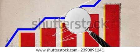 Banner. Contemporary art collage. Analyzing. Magnifying glass with histogram and graph isolated background craft-paper effect. Concept of business, money income, entrepreneurship, marketing. Ad