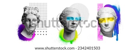 Banner. Contemporary art collage with antique statue busts over white background with abstract elements. Concept of creativity, inspiration, art, mood, emotions and ad