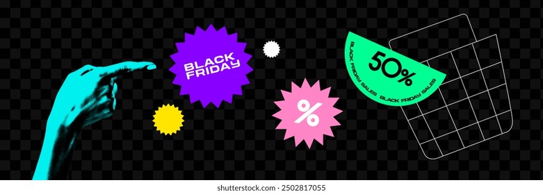 Banner. Contemporary art collage. Blue hand pointing on colorful starburst with discounts, sales signs against black background. Vintage style. Concept of Black Friday, shopping, special offer, - Powered by Shutterstock