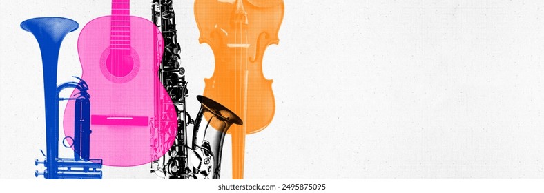 Banner. Contemporary art collage. Colorful silhouettes of violin, trumpet, sax and acoustic guitar against white background with negative space. Surreal artwork. Concept of music, party and festival