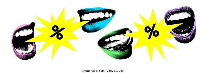 Banner. Contemporary art collage. Colorful mouths shouting with bright yellow starbursts displaying percentage signs. Vintage style. Concept of Black Friday, shopping, special offer, Cyber Monday. - Powered by Shutterstock