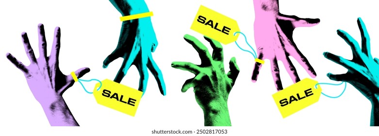 Banner. Contemporary art collage. Colorful hands holding yellow coupons with inscriptions sale against white background. Vintage style. Concept of Black Friday, shopping, special offer, Cyber Monday - Powered by Shutterstock