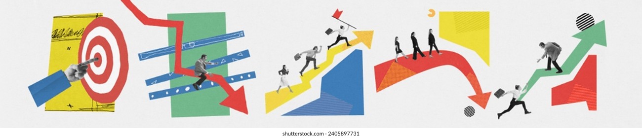Banner. Contemporary art collage. Decreases and increases. Business phases which symbolized many attempts on way to successfully achieving goal. Concept of business development, marketing, strategy.