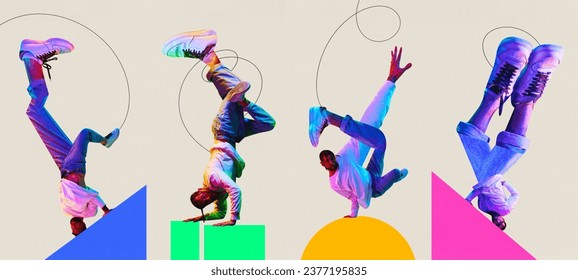 Banner. Contemporary art collage. Modern artwork. Set made of posters with energetic cool man hip-hop dancer with huge legs in mixed neon light, filter performing dance moves. Concept of hobby, music, - Powered by Shutterstock