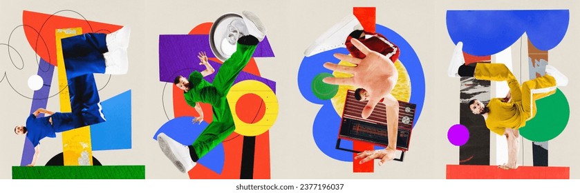 Banner. Contemporary art collage. Modern artwork. Creative set made of posters with talented man dancer with huge legs in mixed neon light, filter performing hip-hop moves. Concept of hobby, music. - Powered by Shutterstock