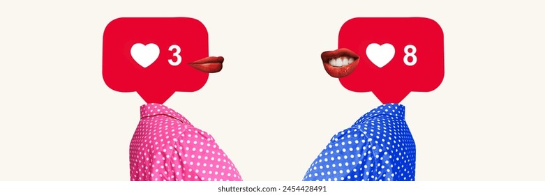 Banner. Contemporary art collage. Two persons with speech bubbles against heads, containing lips and social media like counts, facing each other. Concept of social media, modern lifestyle, popularity - Powered by Shutterstock - Get 15% off with code: PIKWIZARD15