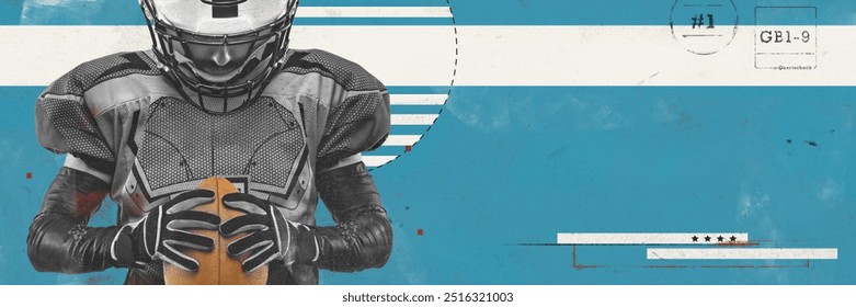 Banner. Contemporary artwork. Focused quarterback holds football close, preparing for next play against blue background Paper texture. Vintage style design. Concept of sport event, championship. - Powered by Shutterstock