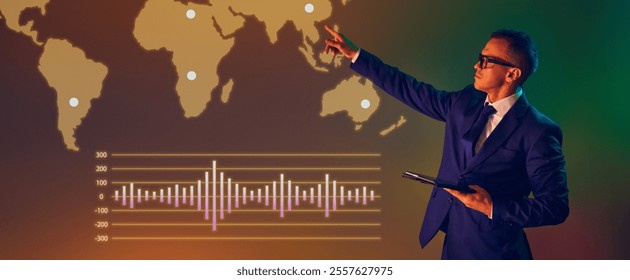 Banner. Corporate speaker analyzes financial data trends using interactive chart and world map. Analytic. Concept of presentation, training, meeting, leadership, analysis. Copy space for ad. - Powered by Shutterstock