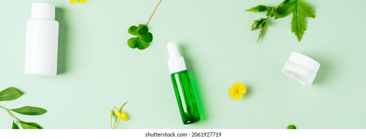 Banner. Cosmetics Bottle With Beauty Product And Wild Plants On Green Background. Liquid Skin Or Hair Care Product. Wellness Concept.