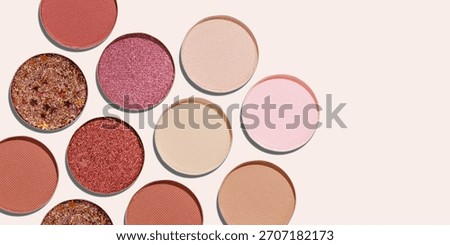 Banner with Cosmetics texture pattern, Warm vivid colored eye shadow makeup palette, round eye powder swatches. Female cosmetic, beauty products, aesthetic beauty photo, colorful eyeshade, above view