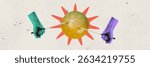 Banner. Creative artwork. Hands with mallets hit steel tongue drum shaped like sun with red rays against soft textured background. Abstract art style. Concept of nature rhythm, meditation