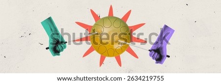 Banner. Creative artwork. Hands with mallets hit steel tongue drum shaped like sun with red rays against soft textured background. Abstract art style. Concept of nature rhythm, meditation