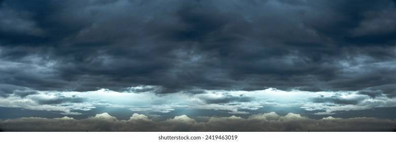 Banner Dramatic dark storm clouds black sky background. Dark thunderstorm clouds rainny season. Panorama Meteorology danger windstorm disasters climate. Dark cloudscape storm cloud with copy space.