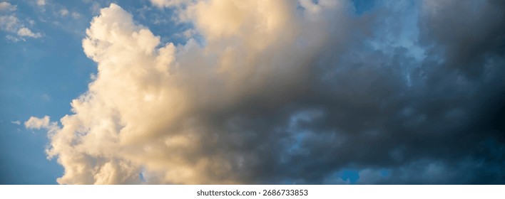 Banner Dramatic dark storm clouds black sky background. Dark thunderstorm clouds rainny season. Panorama Meteorology danger windstorm disasters climate. Dark cloudscape storm cloud with copy space.