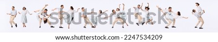 Banner with dynamic portraits of young emotional couple, man and woman, dancing retro dances isolated over light background. Concept of vintage fashion, activity, art, music, party, creativity and ad