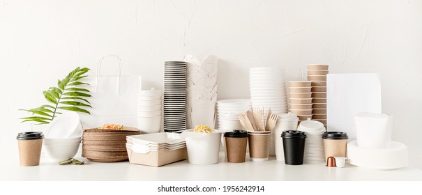 Banner. Eco Friendly Disposable Tableware And Eating Utensils On Table