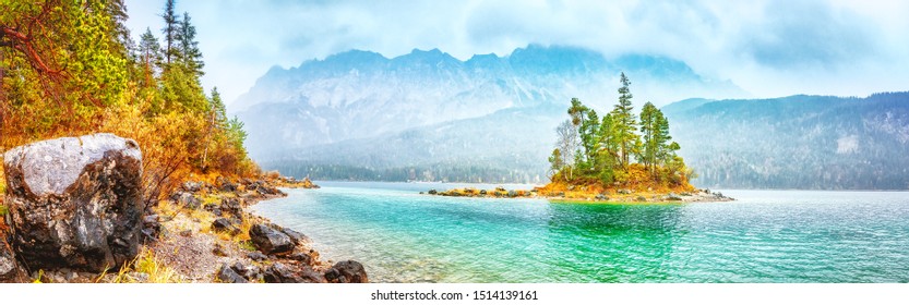 Banner Of Eibsee Lake In Germany, Bavaria. Charming Autumn Panorama Landscape Of Island With Pine-trees In The Middle Of Eibsee Lake. Colorful Autumn Scenery, Popular Travel Destination.