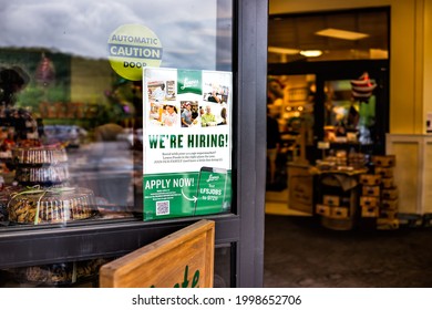 Banner Elk, USA - June 7, 2021: Local Chain Store Called Lowe's Grocery Shop In NC North Carolina With Sign At Entrance For We're Hiring Apply Online During Pandemic