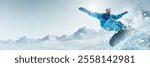 Banner. Energetic snowboarder dressed in bright colors turning sharply, scattering snow under radiant sunlight, framed by crisp, clear winter skies. Concept of extreme sport, ski-resort, holidays. Ad