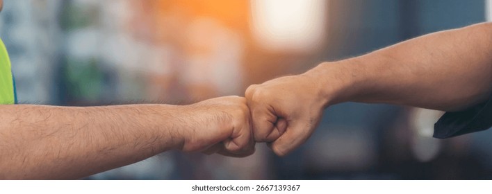 Banner Engineer team high five together on construction site. Team Partner Business Trust Teamwork Partnership. Industry contractor fist bump dealing business. Mission team meeting hands high five
